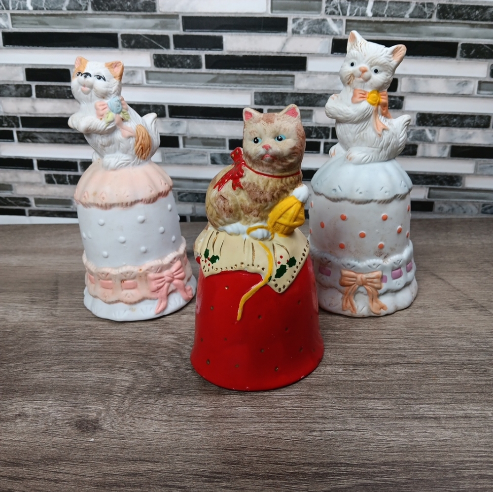 Set of Three Cat Bells Figurines with Bows Holiday Decor Vintage Bisque